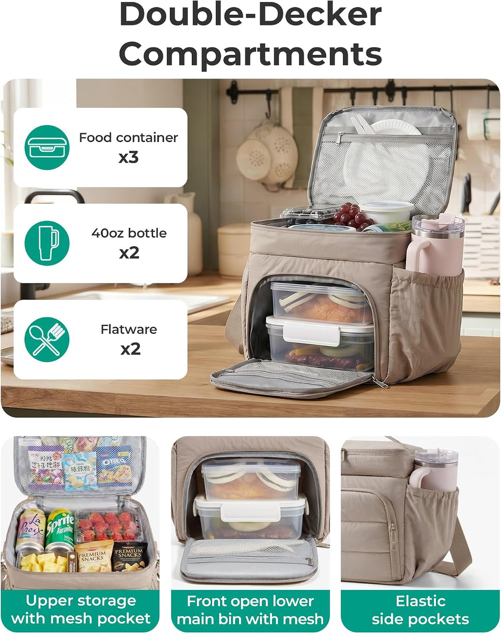 BAGSMART Puffy Insulated Lunch Bag, Lightweight Large 14L Double Deck Black