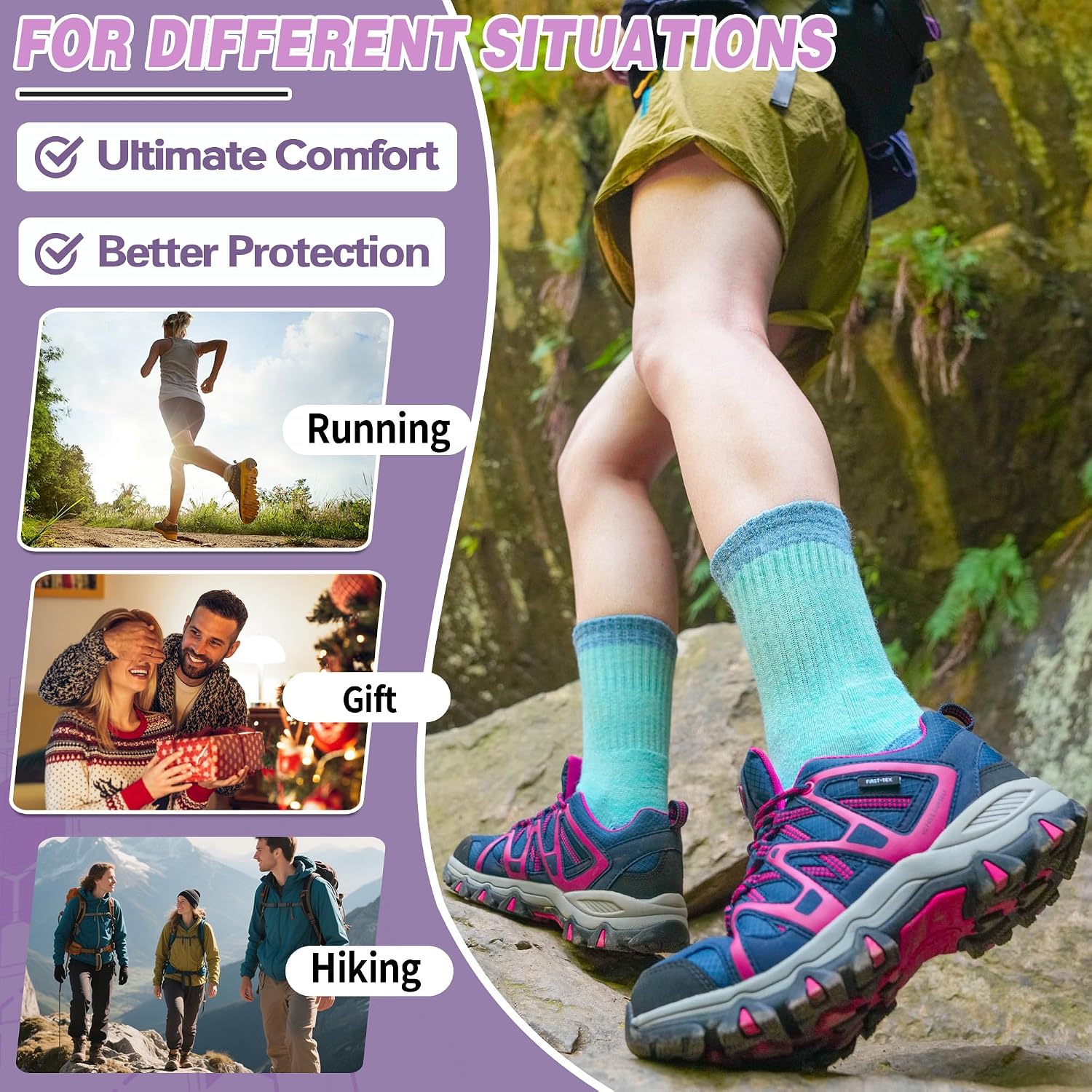 Merino Wool Hiking Socks Thermal Warm Winter Cozy Cushioned Moisture Wicking Crew Socks for Women 5 Pairs