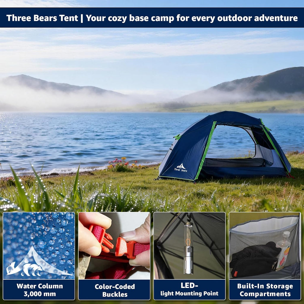 ThreeBears 2-Person Camping Tent, Waterproof & Windproof Lightweight Backpacking Tent for Hiking, Camping, Mountaineering & Travel - Durable & Easy Setup