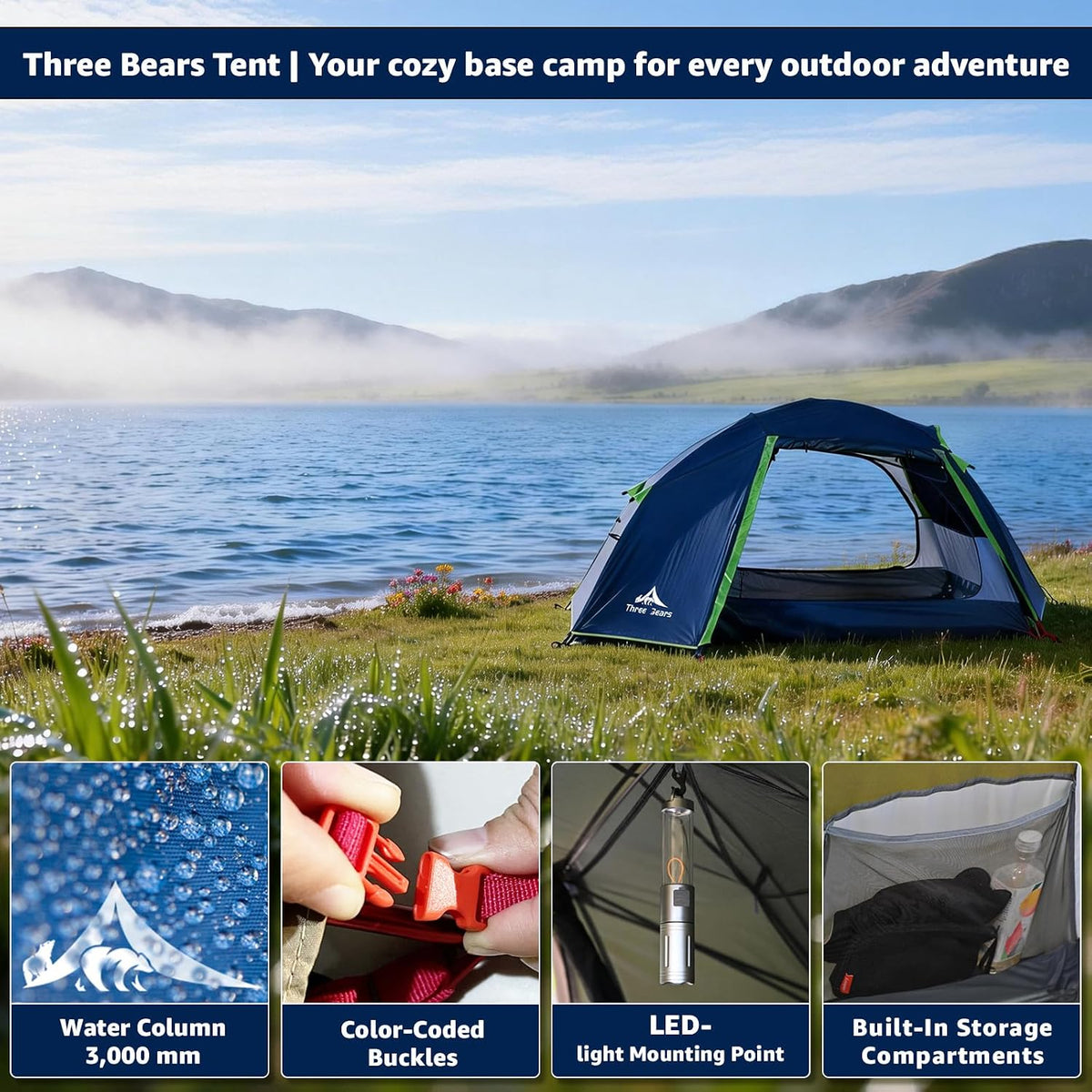 ThreeBears 2-Person Camping Tent, Waterproof & Windproof Lightweight Backpacking Tent for Hiking, Camping, Mountaineering & Travel - Durable & Easy Setup