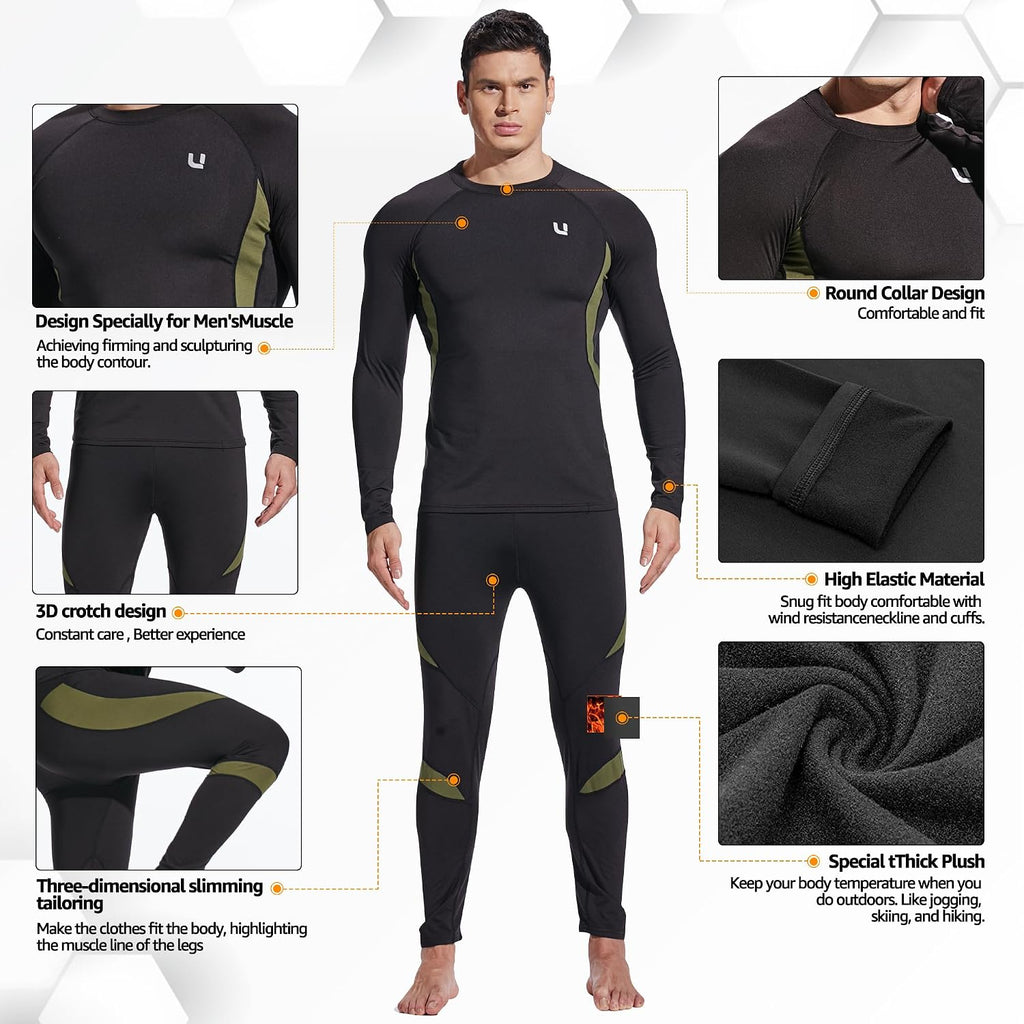 UNIQUEBELLA Men's Thermal Underwear Sets Top & Long Johns Fleece Sweat Quick Drying Thermo Base Layer