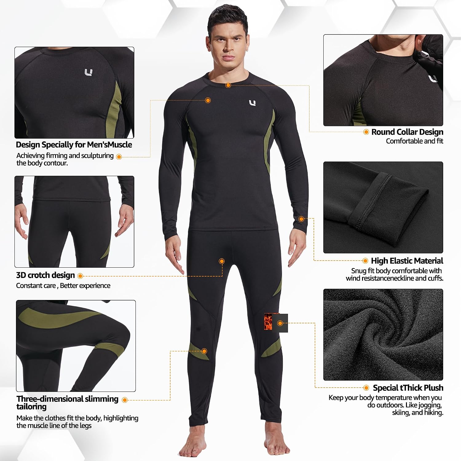 UNIQUEBELLA Men's Thermal Underwear Sets Top & Long Johns Fleece Sweat Quick Drying Thermo Base Layer