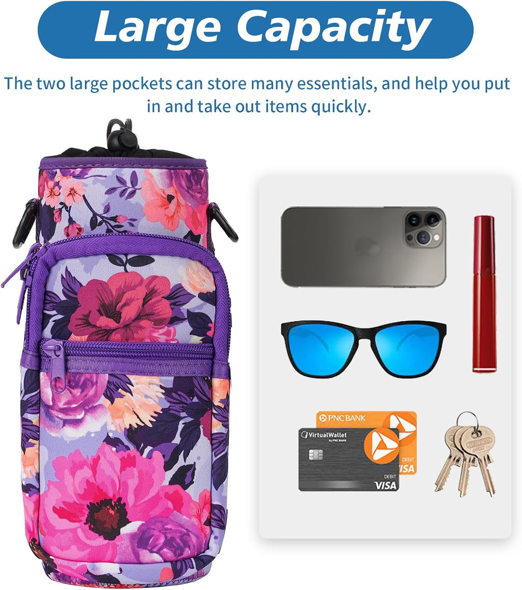 AceTreker 32 40 oz Water Bottle Carrier with Strap, Neoprene Water Bottle Sleeve Bag with 2 Pockets Insulated Flask Sling Holder for Walking Hiking Gym
