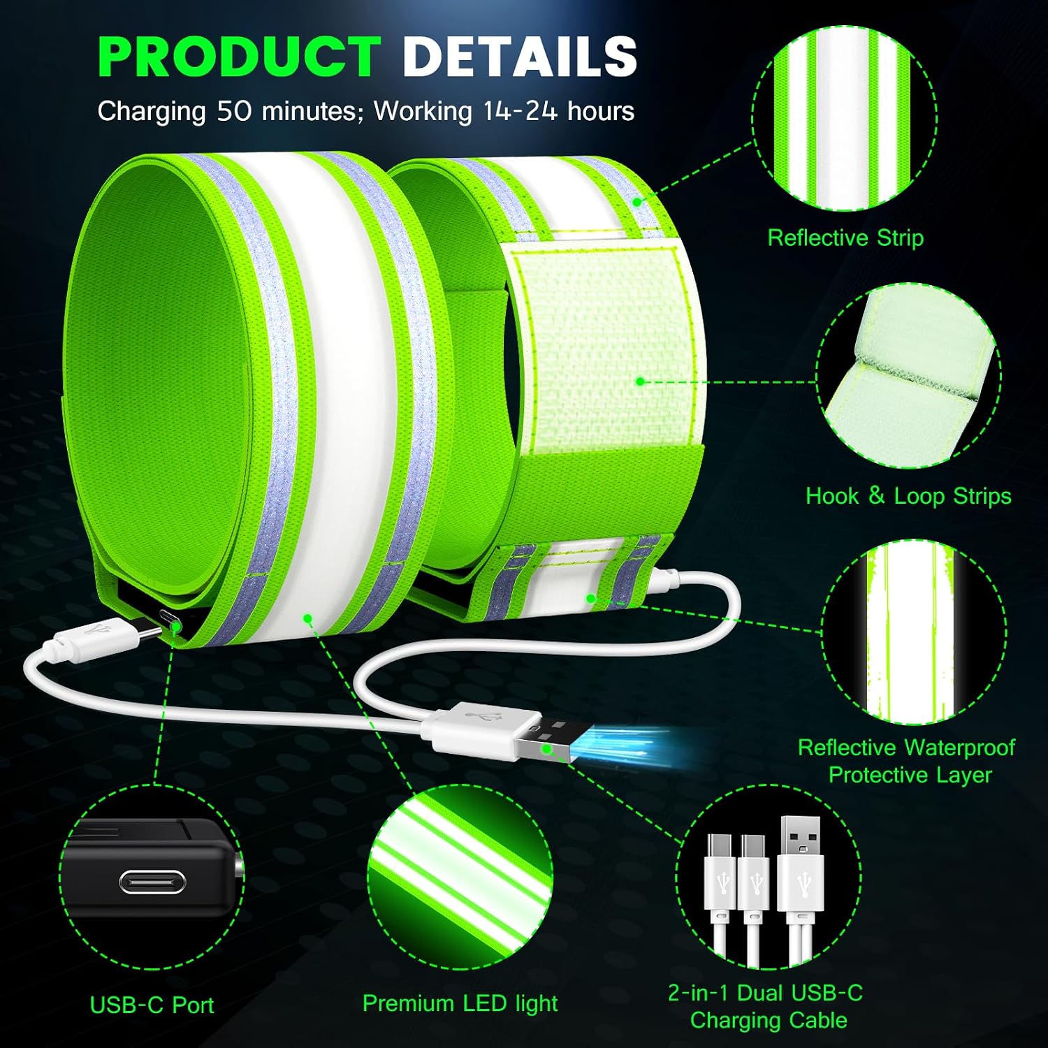 Fokia Kunbio Light Up LED Armband for Running Walking at Night,Reflective Arm Bands for Runners,Rechargeable Jogging Lights,High Visibility Night Running Safety Gear Adjustable Running Women Men Kids