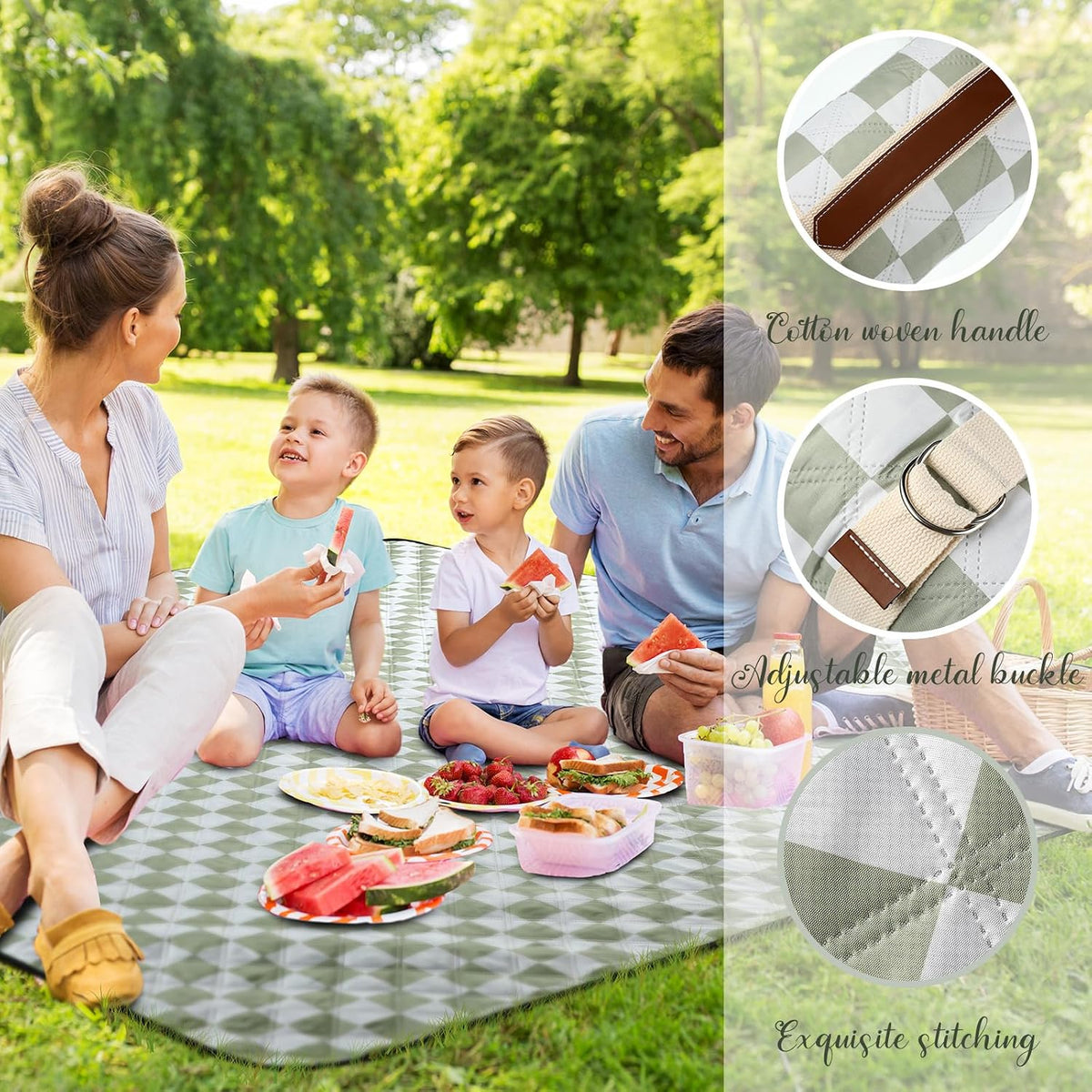 Nuanchu Checkered Picnic Blanket Extra Large Outdoor Blanket Sandproof 80"x80" Waterproof Portable Machine Washable 3 Layer Thick Gingham Picnic Mat for Beach Camping Park Grass Travel(Grass Green)