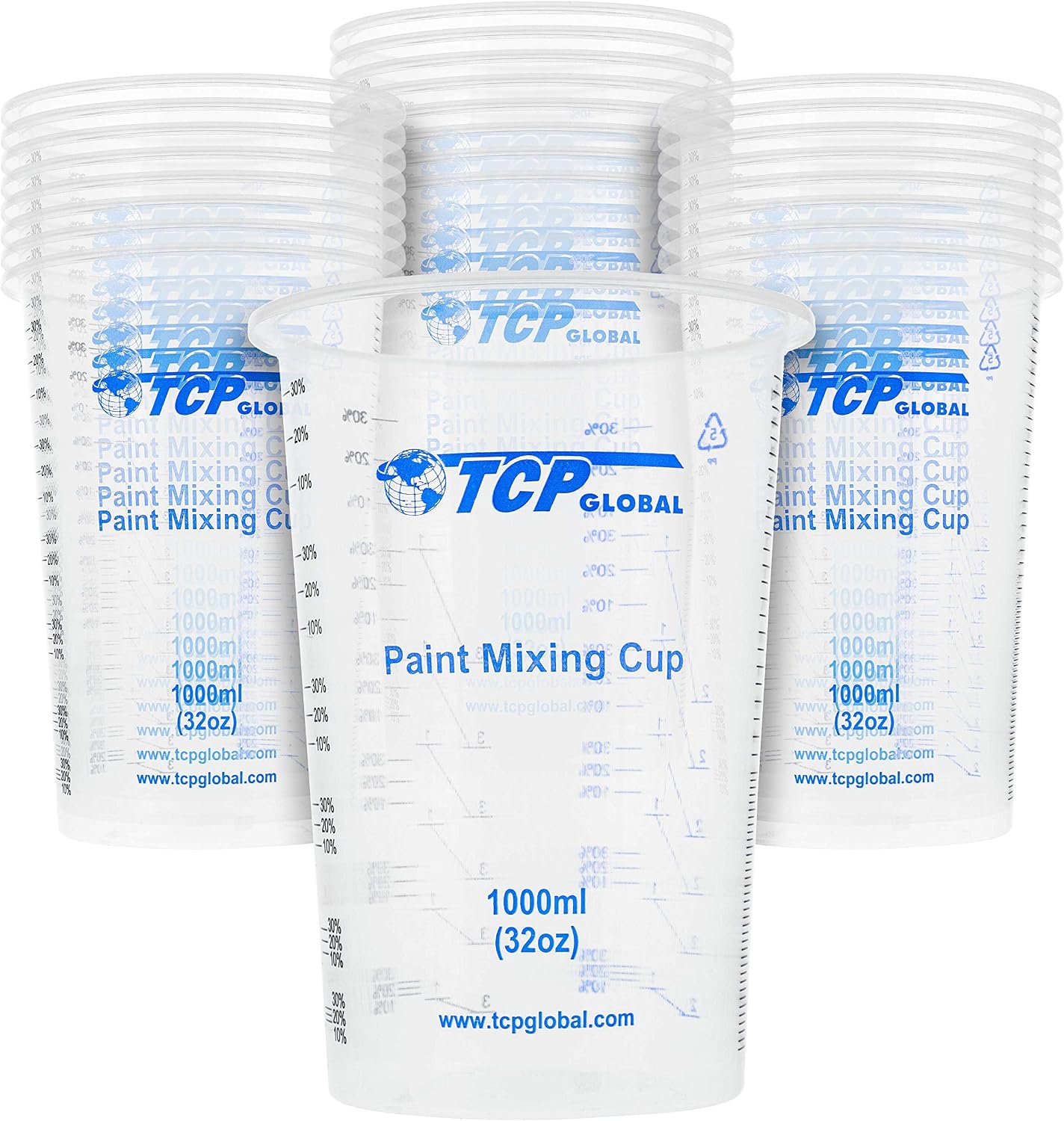 TCP Global 32 oz. (1000ml) Graduated Plastic Mixing Cups (Box of 25)