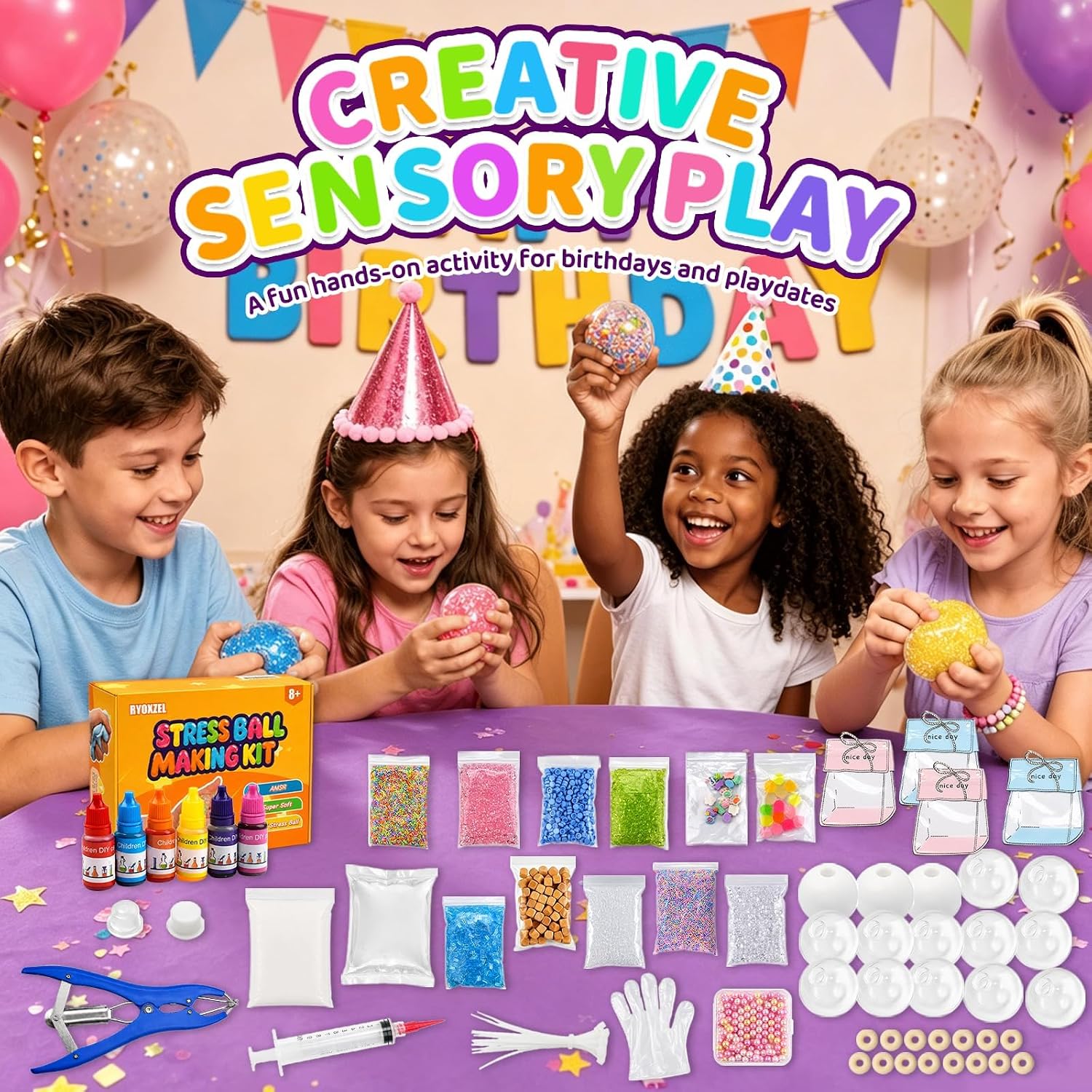 DIY Stress Ball Squishy Making Kit, Make Your Own Squishy Ball Craft Classroom Prize, 15 Empty Big Squishy Skins, 1.2 lb Fillers, 17.6 oz Slime, 3.5 oz Clay, Opening Plier, 6 Coloring, Gift-Ready