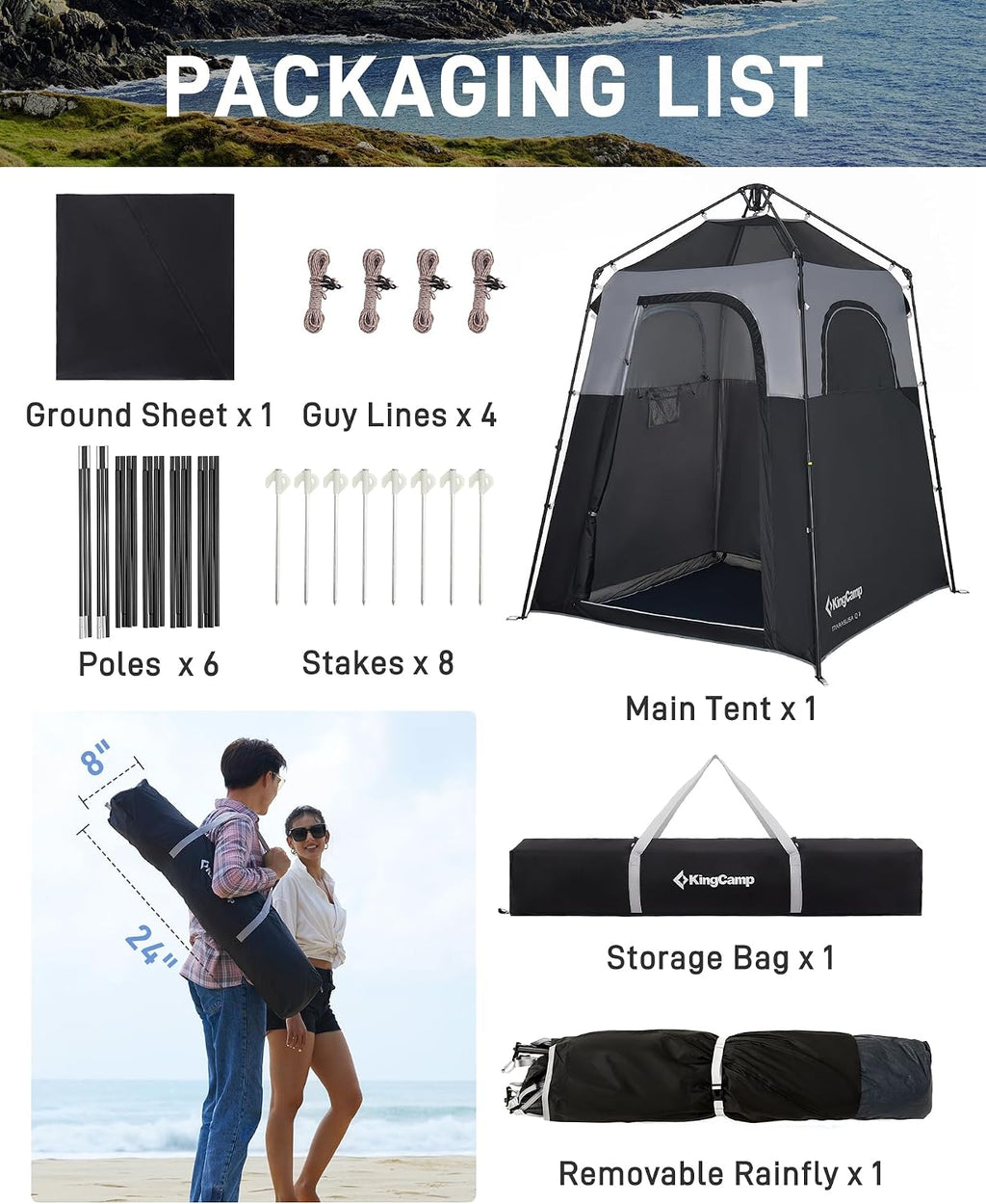 KingCamp Shower Tent, Portable Privacy Tent Outdoor Camping 1/2 Room Toilet Tents with Shower Bag & Dressing Room for Beach, Camping & Hiking