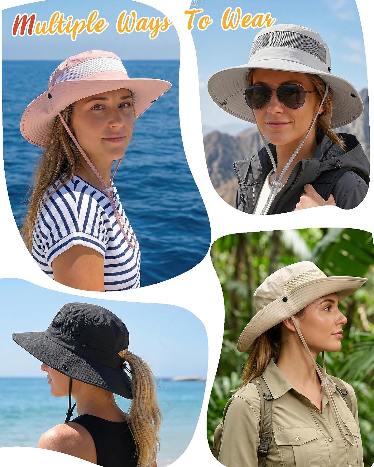 Women's Sun Hat Sun Protection Wide Brim Bucket with Ponytail Hole Summer