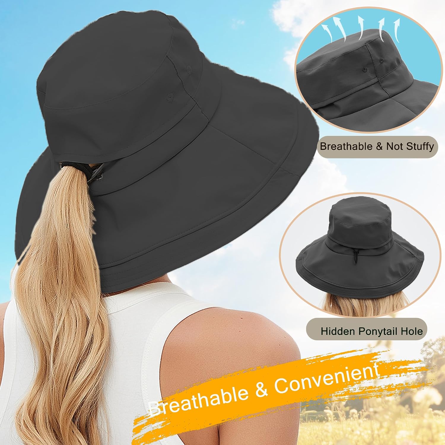 Sun Hats for Women UV Protection Wide Brim Hat with Ponytail Hole