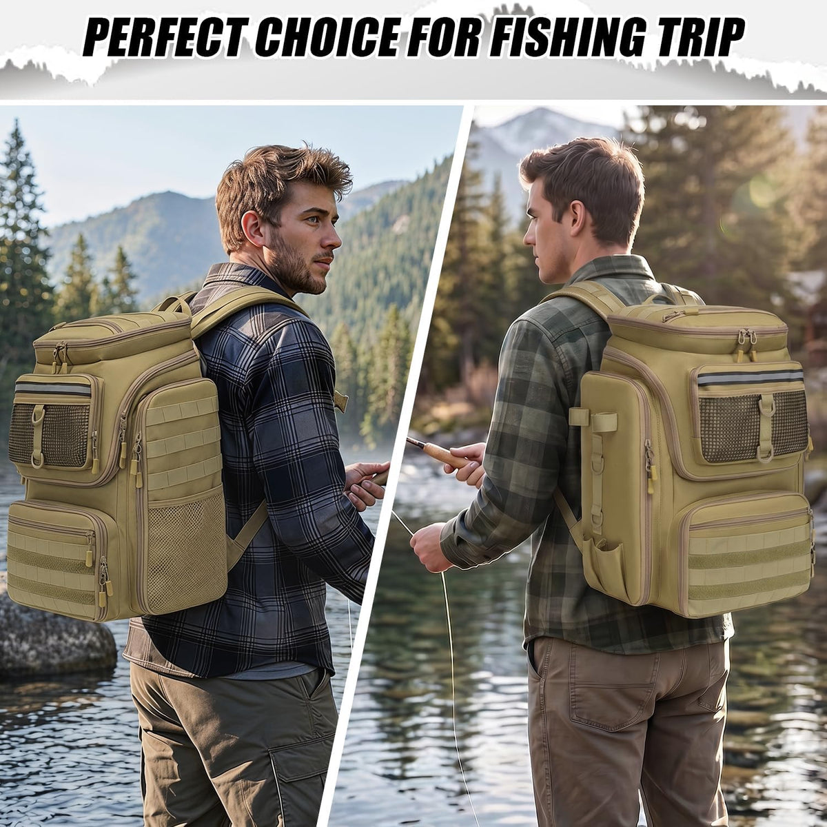 HAMBOLY 45L Fishing Backpack with Rod Holders & Built-in Foldable Divider