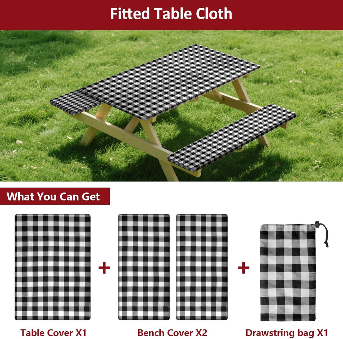 6ft 72" Picnic Table and Bench Cover, 3 Pack, Black-White Checkered