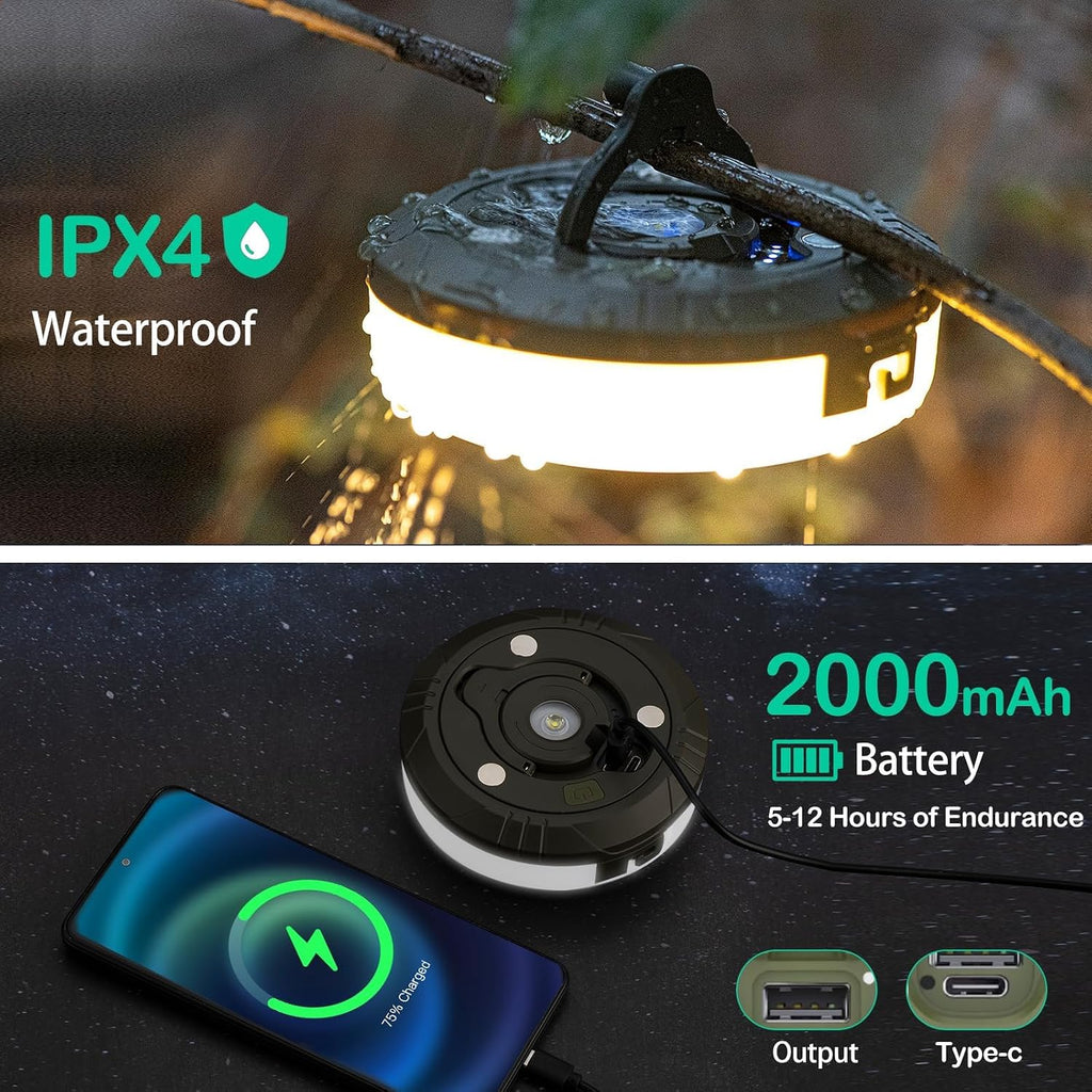 Sutaig 2-Pack Camping String Lights, 4 in 1 Outdoor Camping Lantern with 8 Lighting Modes(32.8Ft), Quick 30s Recovery, Waterproof, Type-C Fast Charging, Portable Lights for Camping/Yard/Hiking
