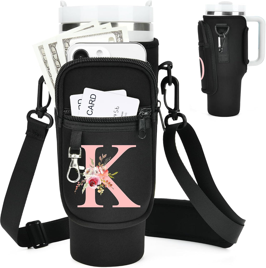 Initial Water Bottle Holder with Strap for Stanley Cup Accessories 40 oz/Simple Modern Tumbler, Birthdays for Women Girls, Water Bottle Carrier Bag with Phone Pocket,Hiking Walking Gym Camping