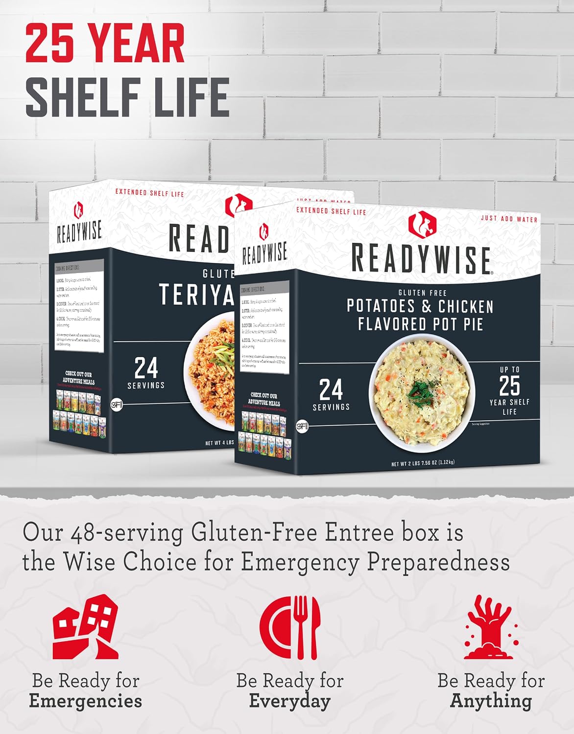 ReadyWise Emergency Food Supply - 48 Servings Gluten Free Entrées, 2 Boxes, Freeze Dried Survival Prepper Food & Dehydrated Meals, Camping Essentials for Backpacking, up to 25 Year Shelf Life