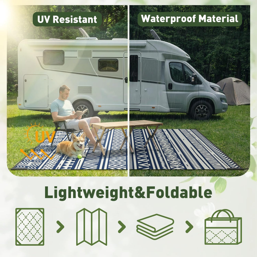 MontVoo Outdoor Rug Carpet Waterproof 6x9 Outdoor Patio Rug Mat Reverisble Plastic Straw Outdoor Rug for RV Camping Picnic Beach Balcony Boho Navy Blue
