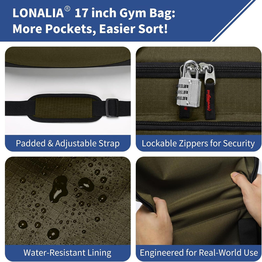 30L Gym Sport Duffle Bag, 17 inch, Olive Green