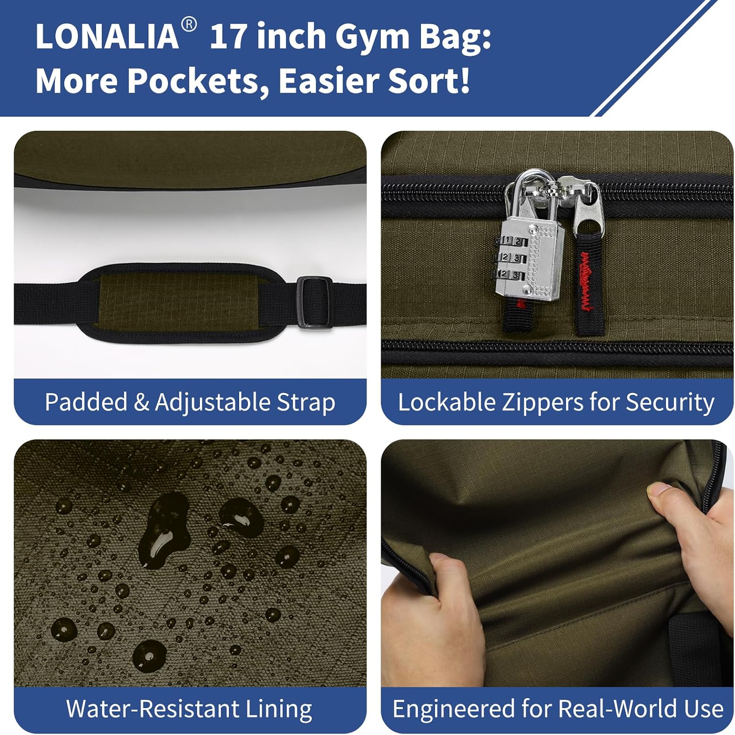 30L Gym Sport Duffle Bag, 17 inch, Olive Green