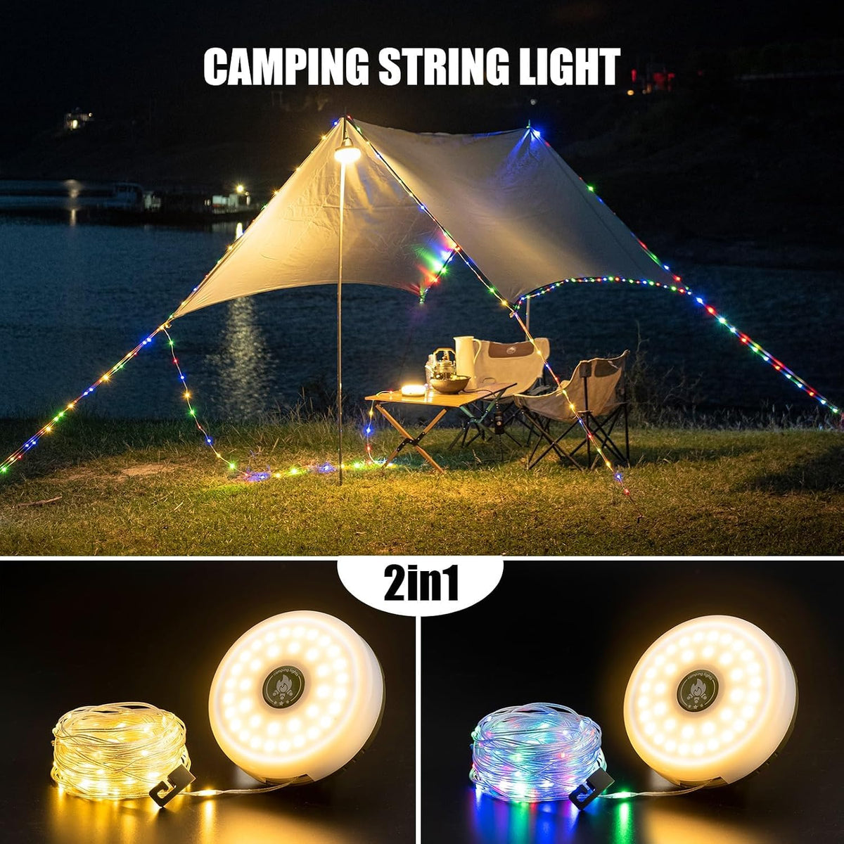 Sutaig 2-Pack Camping String Lights, 4 in 1 Outdoor Camping Lantern with 8 Lighting Modes(32.8Ft), Quick 30s Recovery, Waterproof, Type-C Fast Charging, Portable Lights for Camping/Yard/Hiking