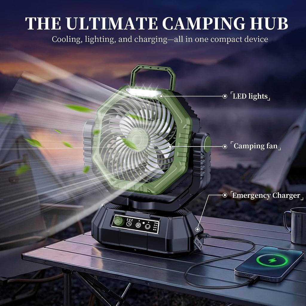 AJVV Camping Fan with Light, Remote and Oscillation, Battery Powered Hanging Tent Fan, Rechargeable Portable for Camp, Outdoor, Emergencies, Fishing, RV Travel, Jobsite
