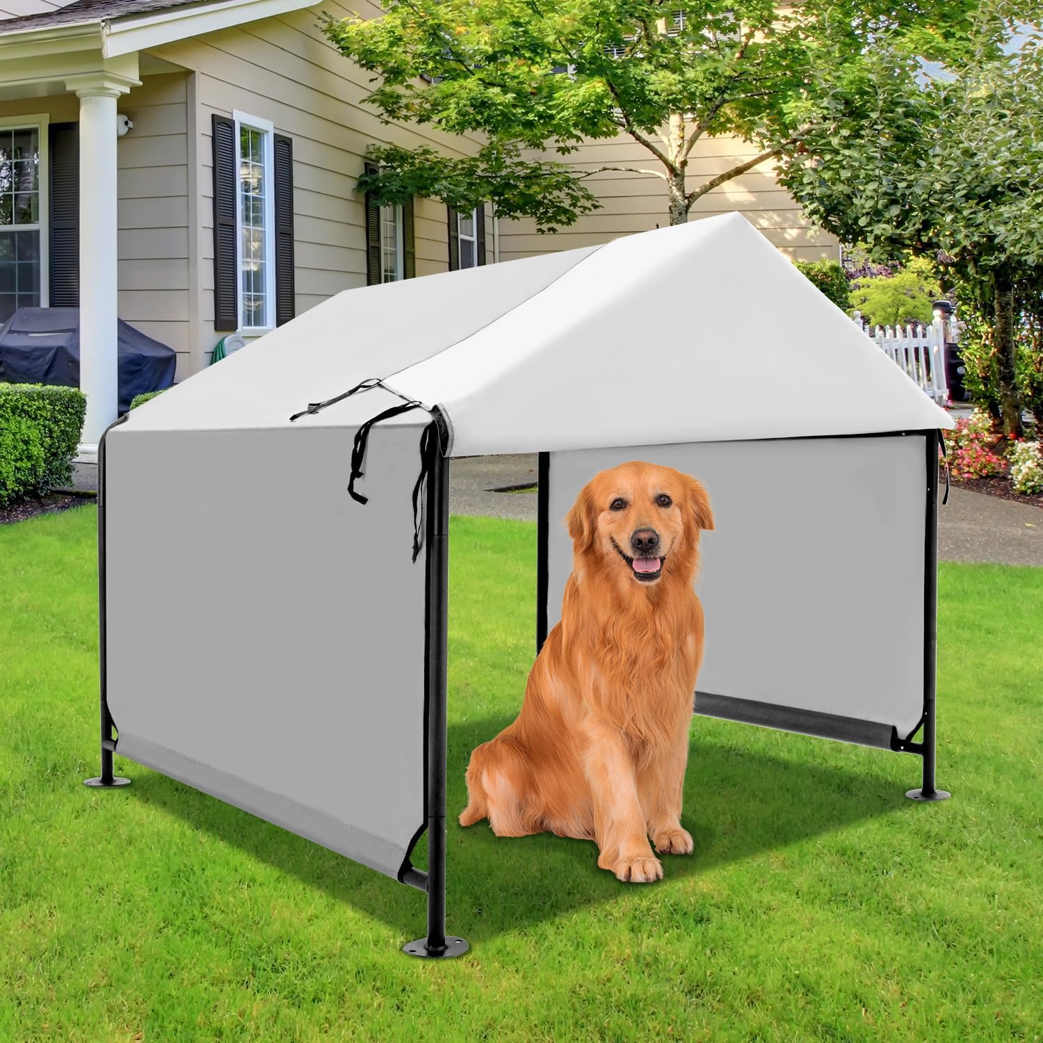4x4 FT Extra Large Dog House Outdoor with Upgraded Doors, Weatherproof Dog Shade Shelter for Outside, Sun Rain Canopy Pet House for Large Dogs, Large Dog Tent Outdoor, Grey