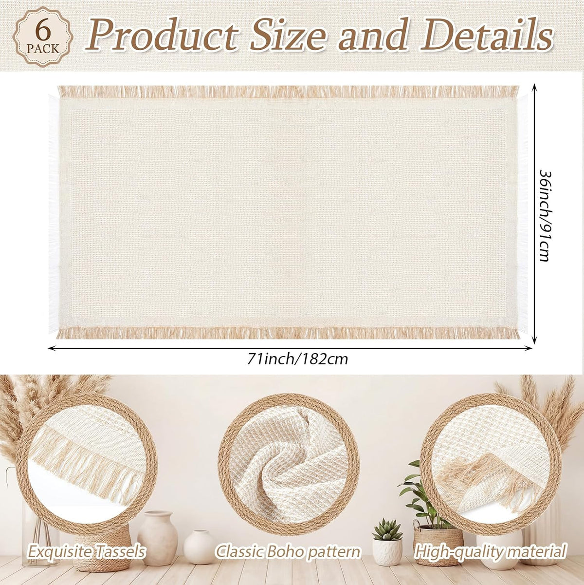 Frienda 6 Pcs Beige Large Boho Outdoor Picnic Blanket 70" x 35", Classic