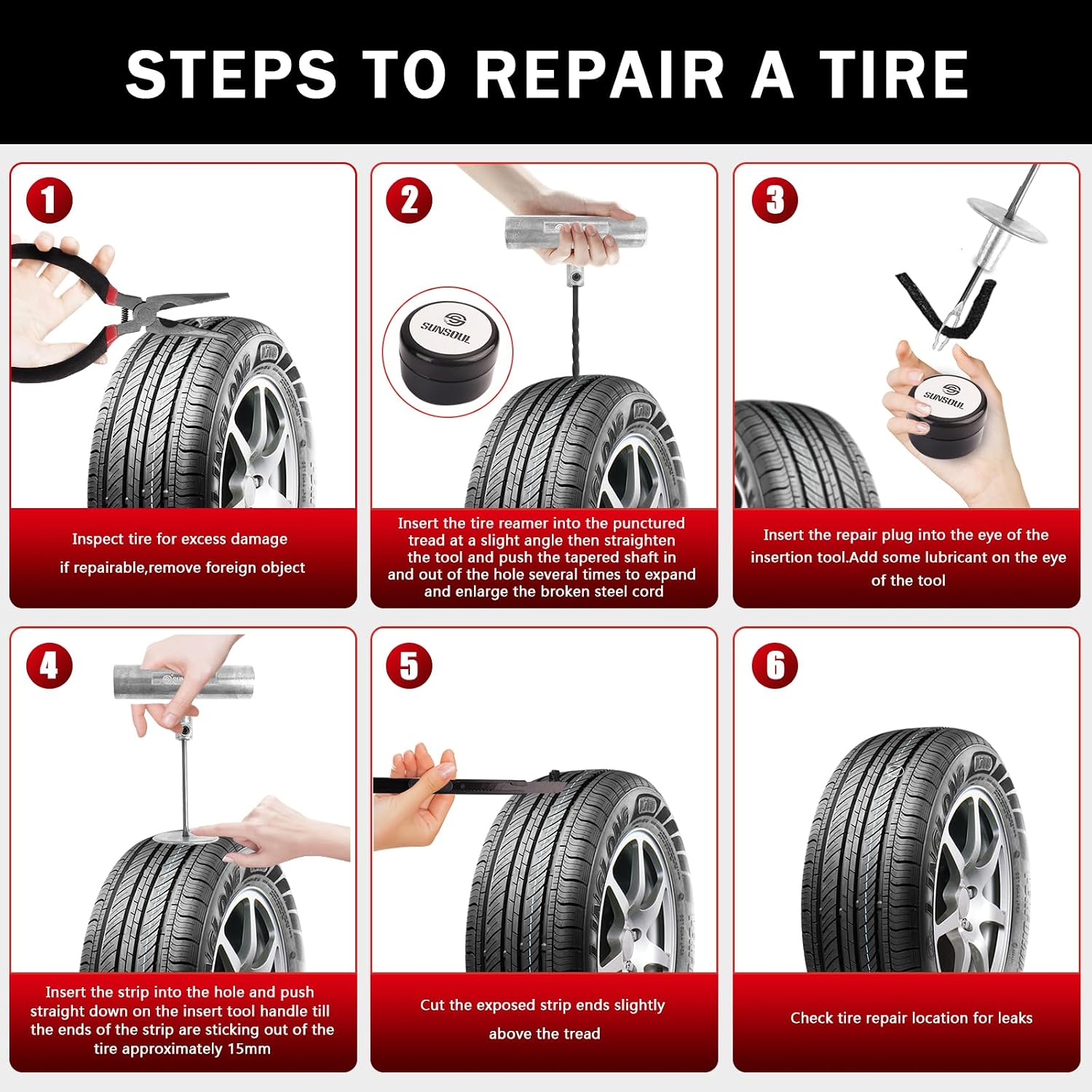 SUNSOUL Tire Repair Kit - 40PCS Heavy Duty Tire Plug Kit with Storage Bag, Universal Zinc Alloy Puncture Repair Tools for Car, Motorcycle, Truck, ARB, ATV, UTV, Tractor, RV, SUV, Trailer