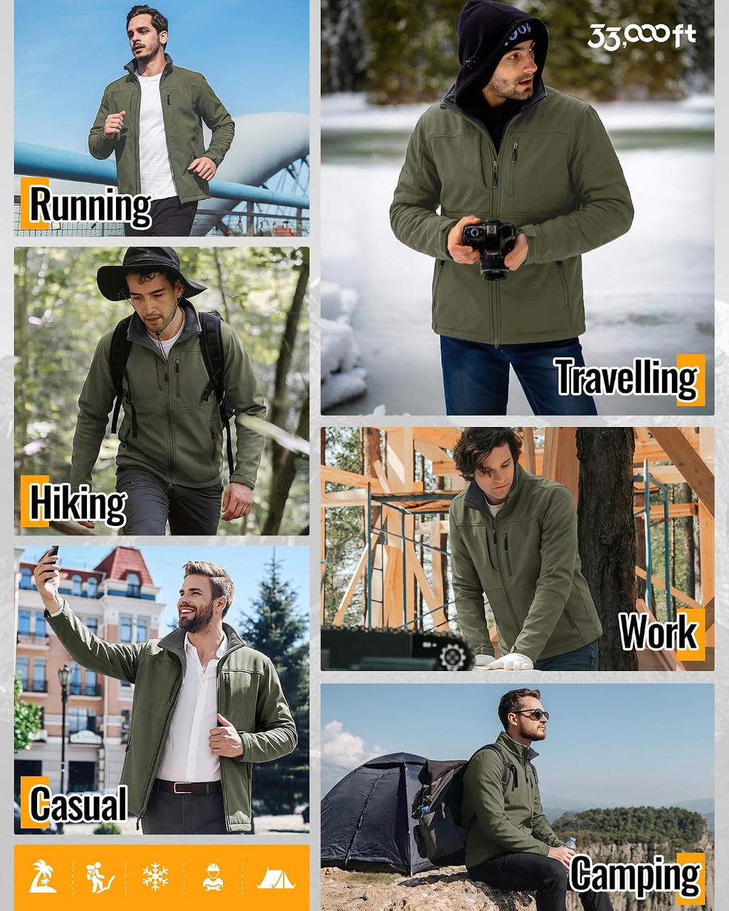 33,000ft Men's Lightweight Softshell Jacket Fleece Waterproof Windbreaker