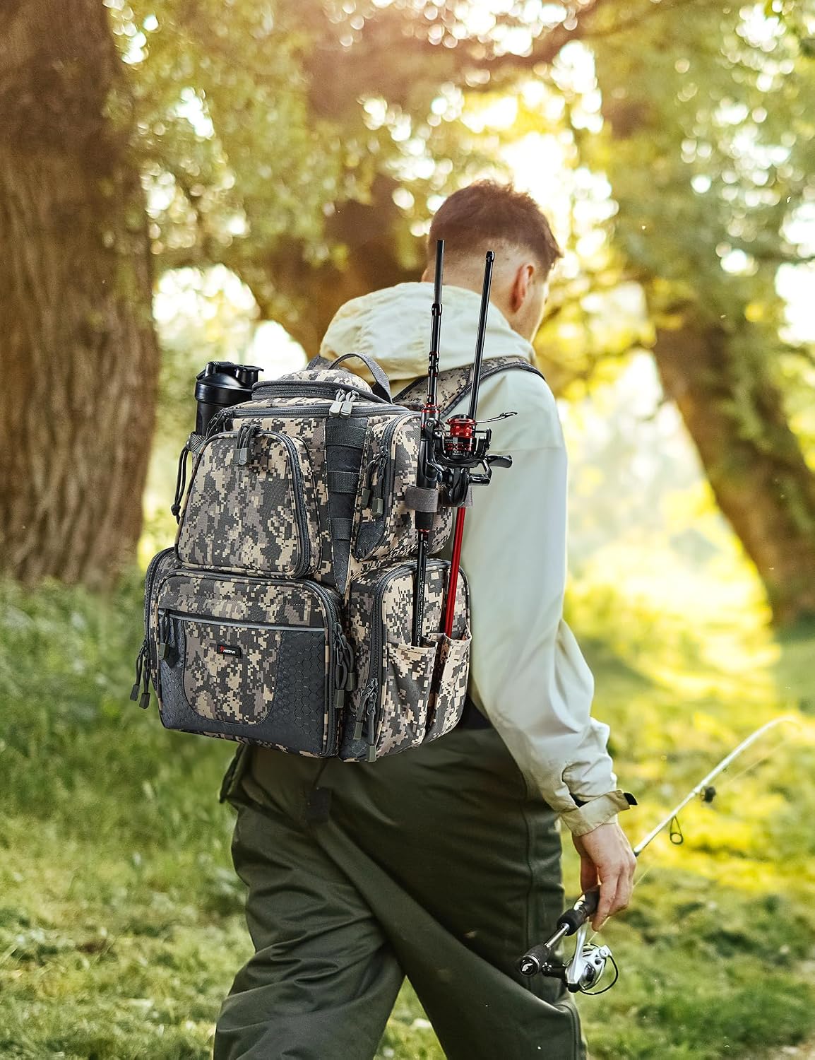 Piscifun Fishing Tackle Backpack with 2 Rod Holders, 4 Boxes & Rain Cover