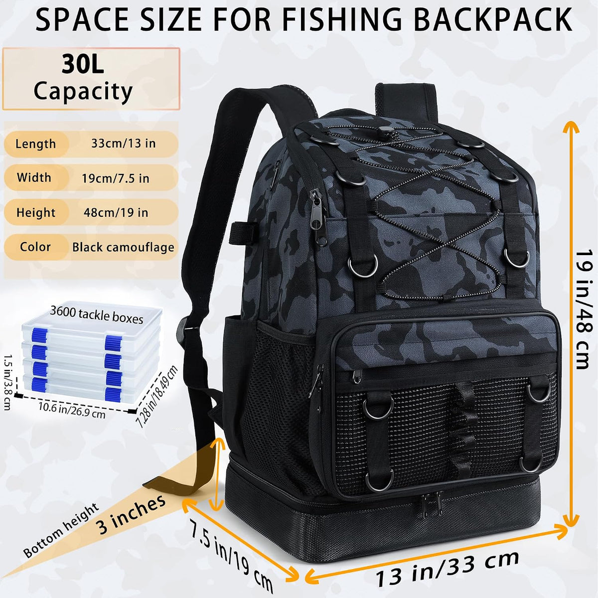 Fishing Backpack with 4 Tackle Boxes, Heavy Duty Fishing Bag with Waterproof Bottom, Tackle Backpack Gifts for Man Woman-Camo Black