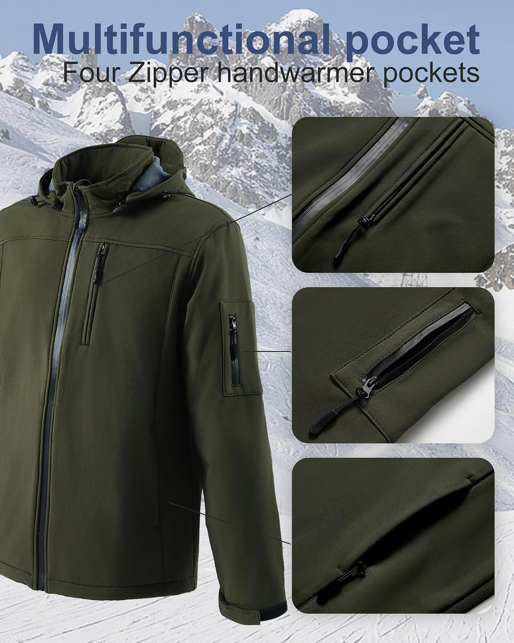 Men's Soft Shell Jacket Waterproof Military Tactical Coat Winter Fleece Lined Rain Jacket with Detachable Hood