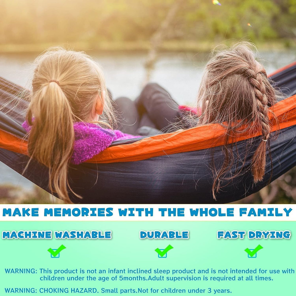 SZHLUX Kids Hammock - Kids Camping Gear, Camping Accessories with 2 Tree Straps and Carabiners for Indoor/Outdoor Use, Sapphire Blue & Grass Green
