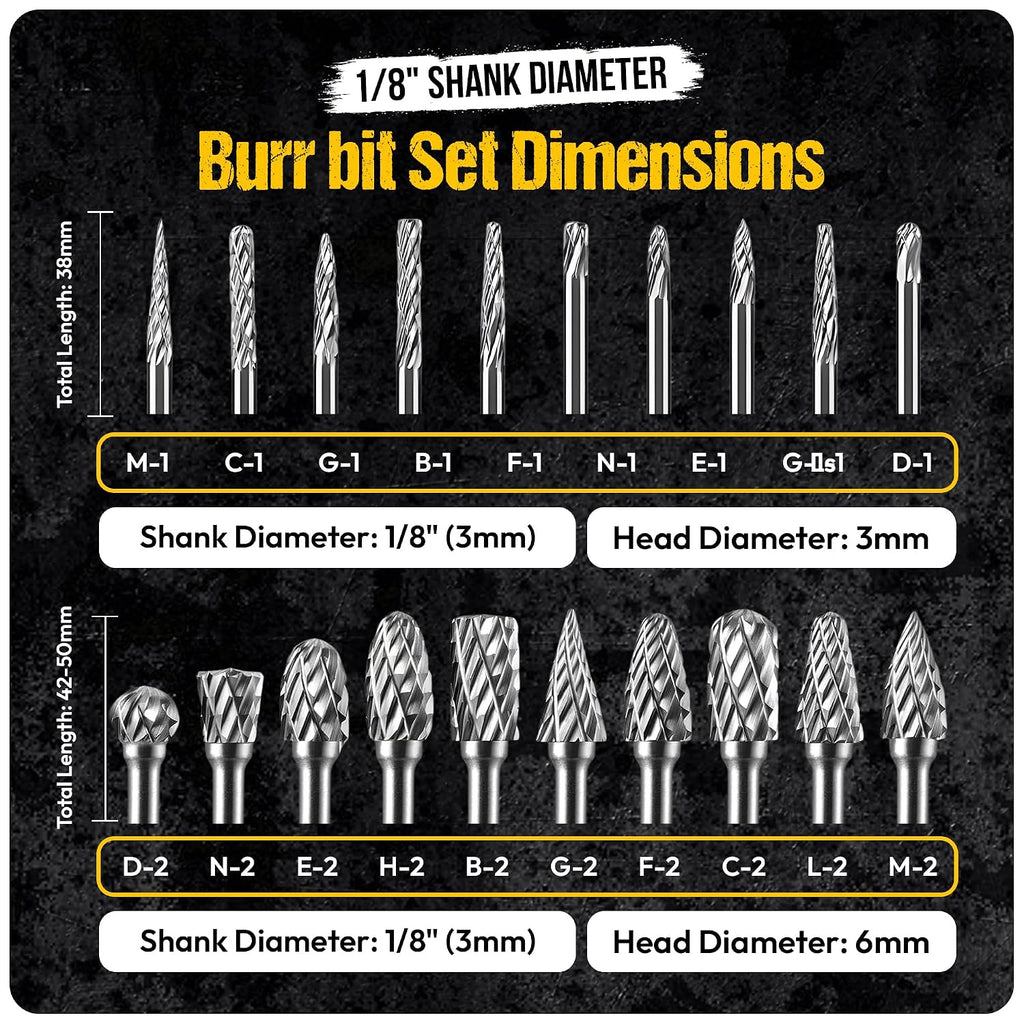 20Pcs Carbide Burr Set - 1/8" Shank Tungsten Die Grinder Bits, Double Cut - Compatible with Dremel & Milwaukee - Cutting, Engraving, Deburring - Rasp Accessories - Metal, Steel, Aluminum