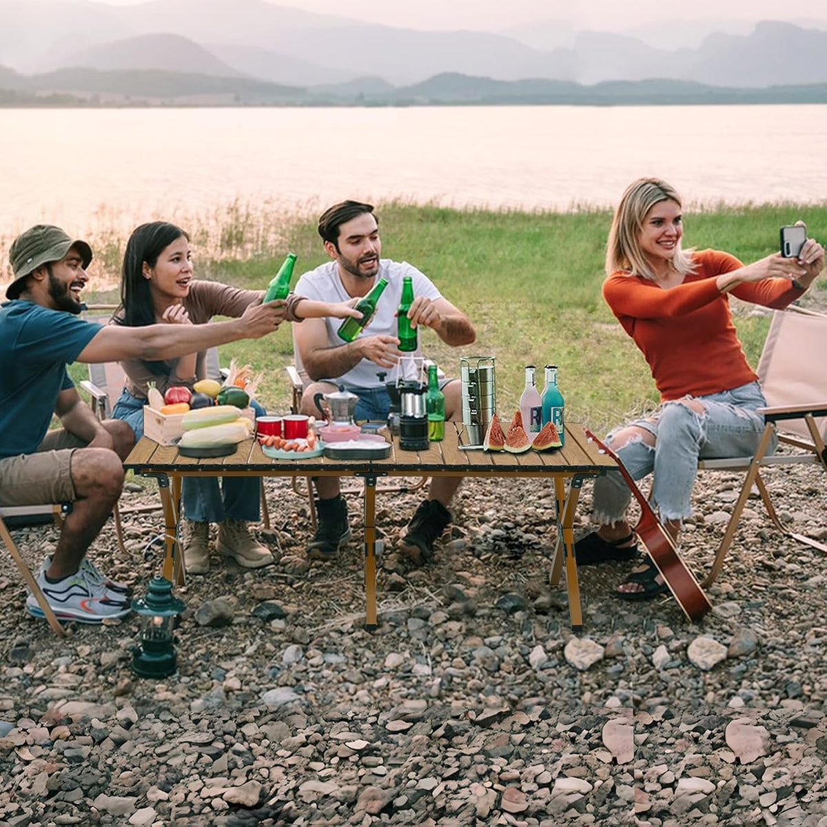4Ft Aluminum Folding Camping Table, Portable Picnic Table, Outdoor Lightweight Collapsible Camp Table, Roll-up Camping Table for Beach,Party, Patio, BBQ, Travel, Backyard (Wood Upgraded Version)