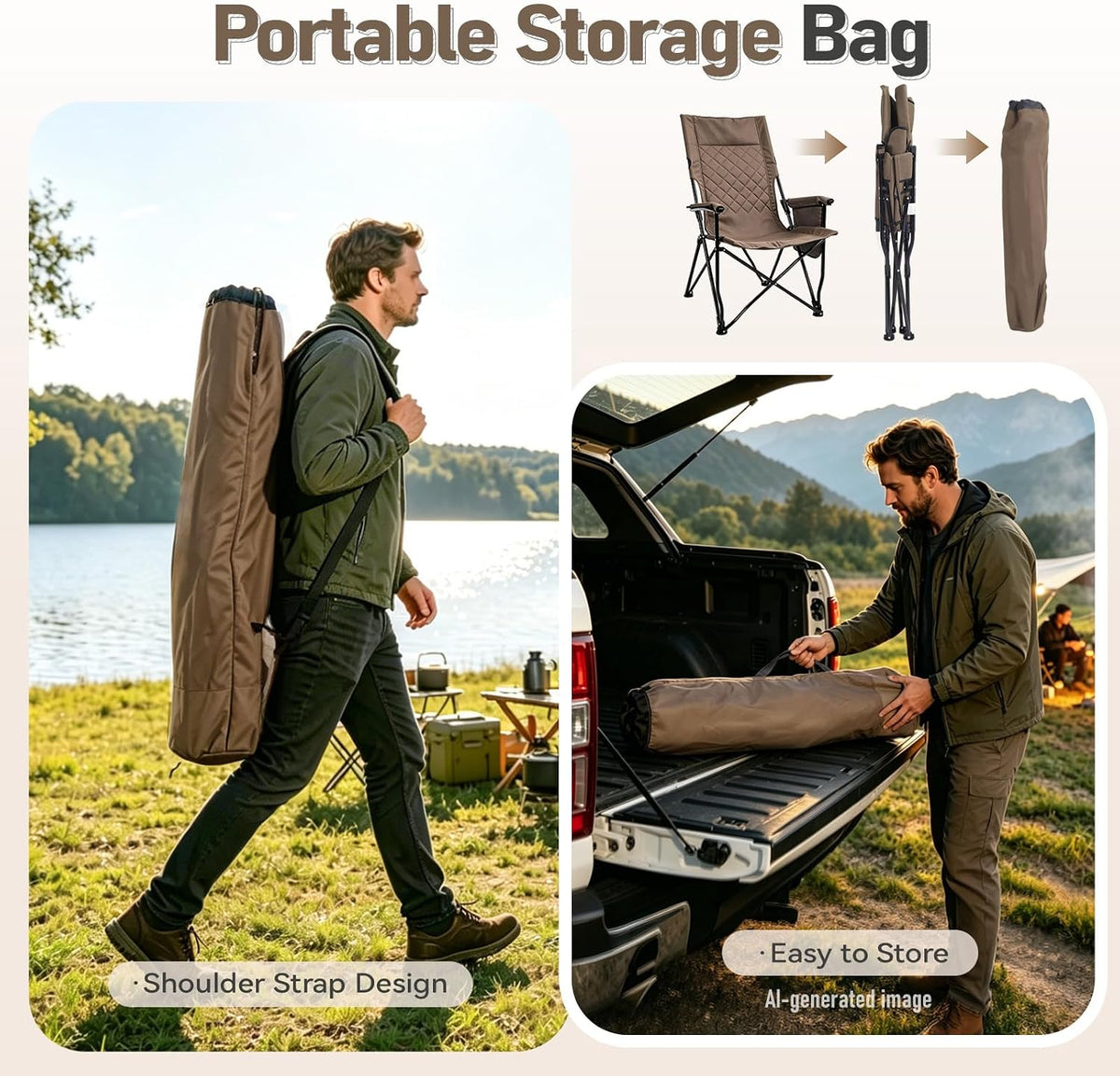 Folding Camping Chair, High Back Padded Portable Camp Chair with Storage Bag, 600D Oxford Fabric Comfortable Chair for Outdoor Camping, Beach, Fishing (Khaki)