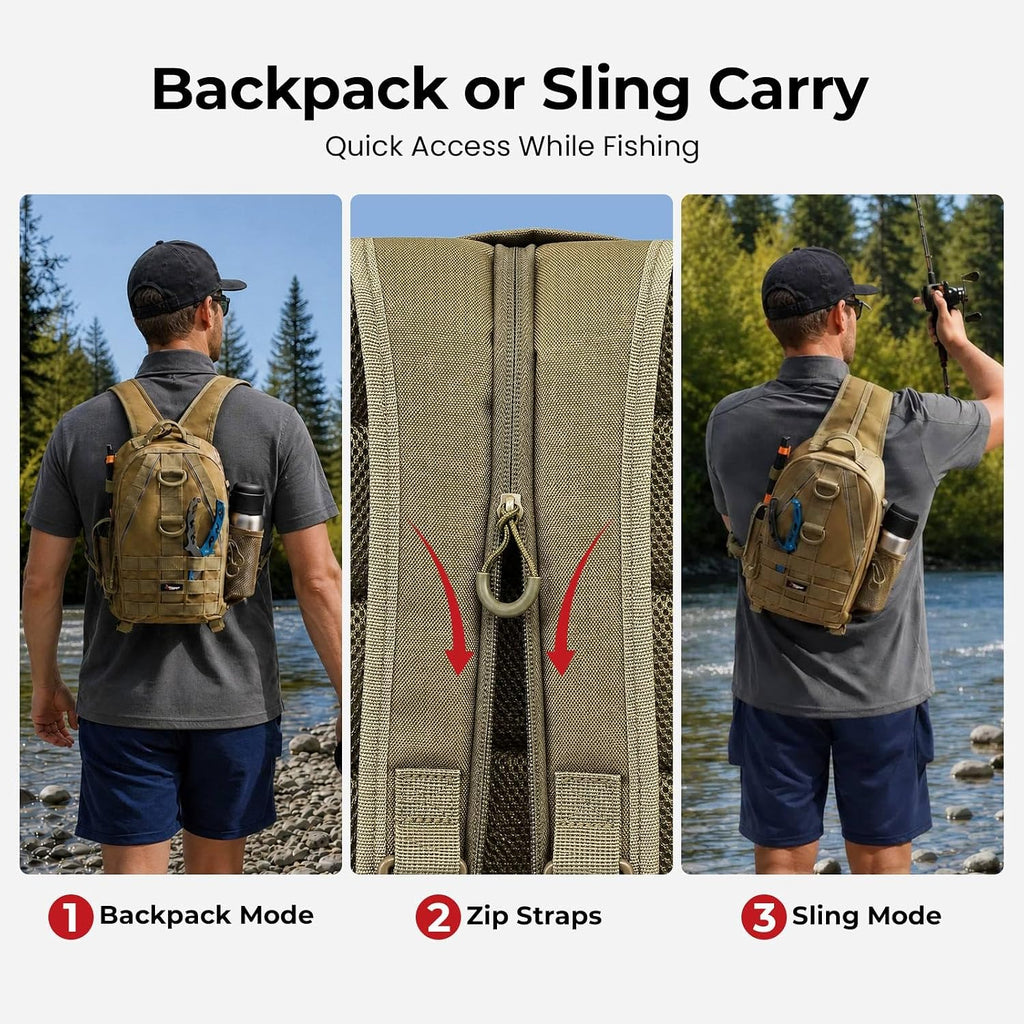 Piscifun Fishing Backpack, Rod Holders, Lightweight Sling Bag, Khaki