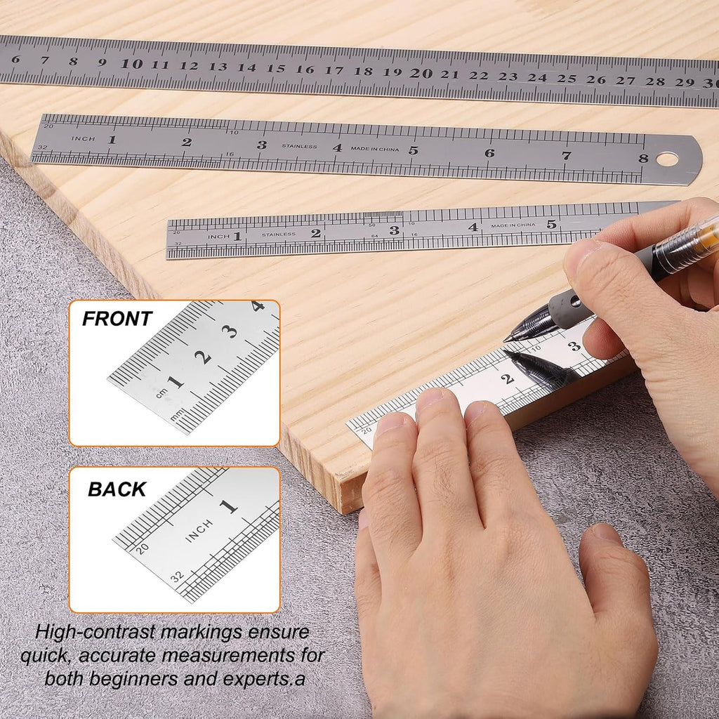 HARFINGTON 12 Pcs Steel Ruler 12" x1-1/32 Machinist Metal Ruler Carbon Steel Metric Straight Edge Measuring Tools 0.3mm Thick for Engineering Architect Drawing Home Office