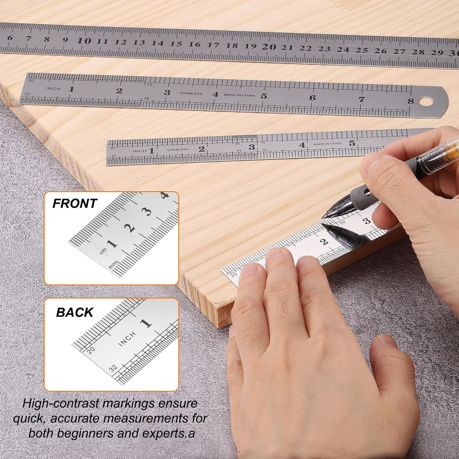 HARFINGTON 12 Pcs Steel Ruler 12" x1-1/32 Machinist Metal Ruler Carbon Steel Metric Straight Edge Measuring Tools 0.3mm Thick for Engineering Architect Drawing Home Office