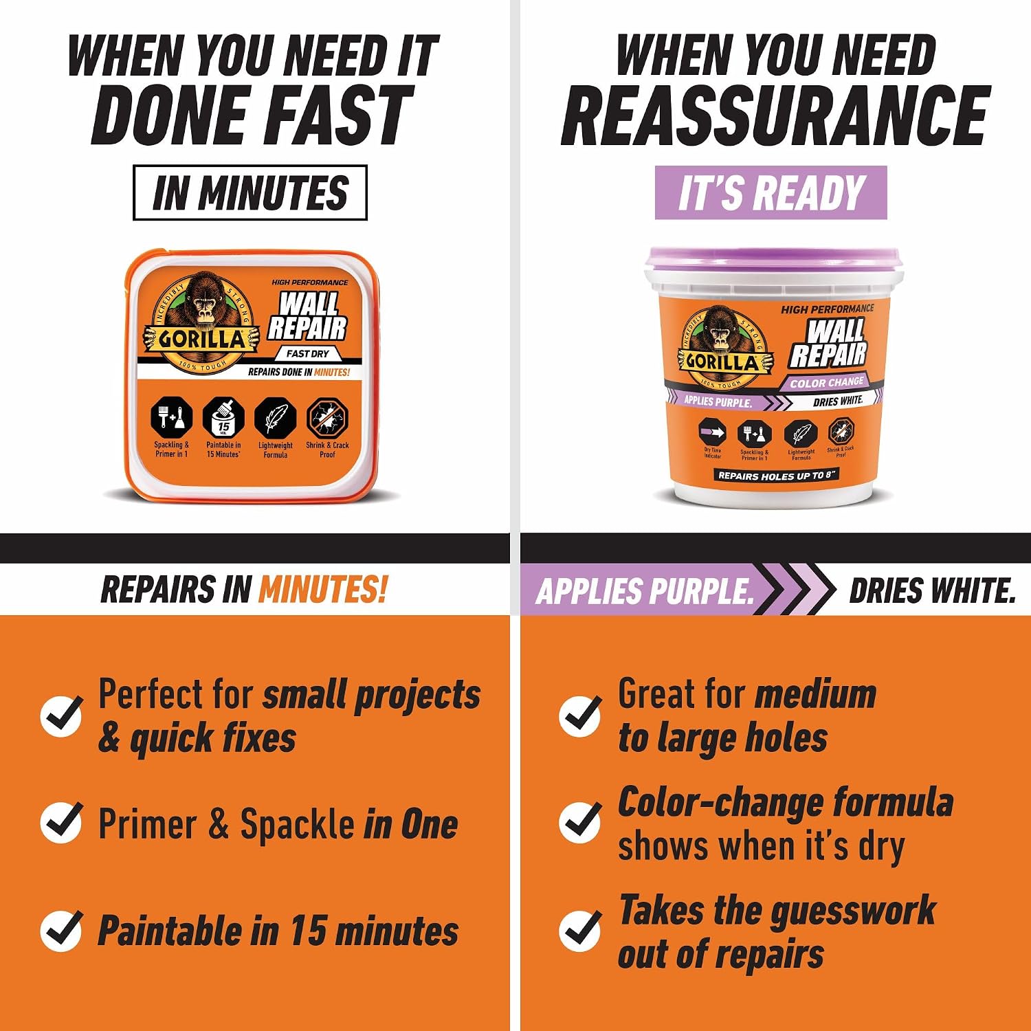 Gorilla High Performance Wall Repair, 16 oz Tub, Color Change Formula