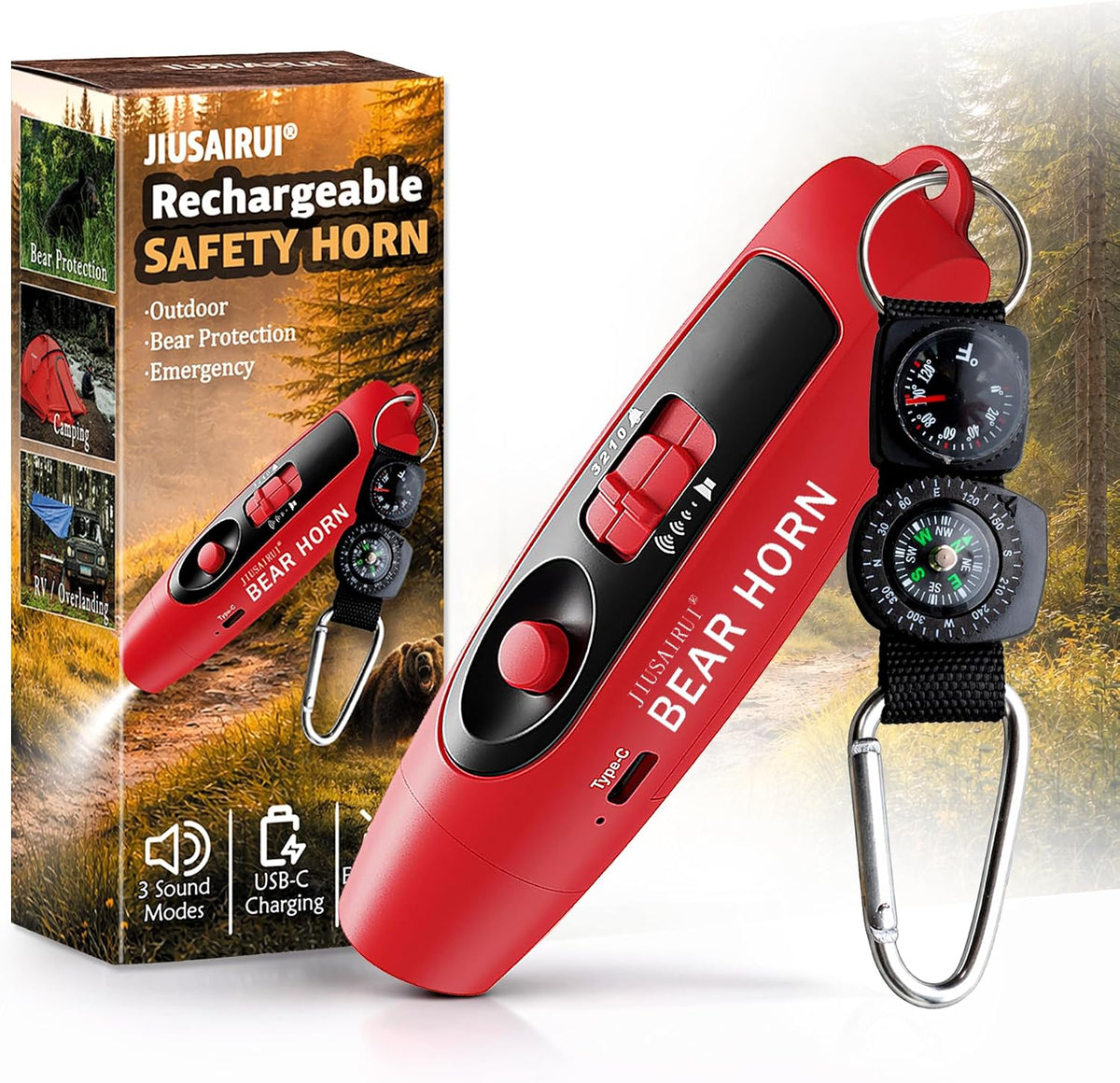 JIUSAIRUI 120dB Electronic Air Horn with Compass & Thermometer- Bear Horn to Scare Bears - Self Defense for Hiking