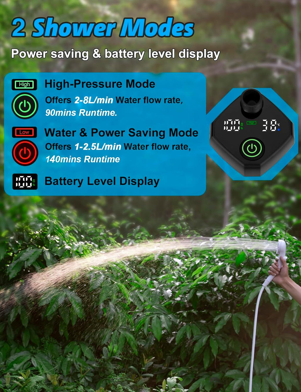 innhom Portable Shower for Camping, 6000mAh Rechargeable Camp Shower Pump with LED Display, IPX7 Waterproof & 2 Spray Modes Electric Outdoor Shower for Hiking, Travel, Car Washing, Pet Bathing