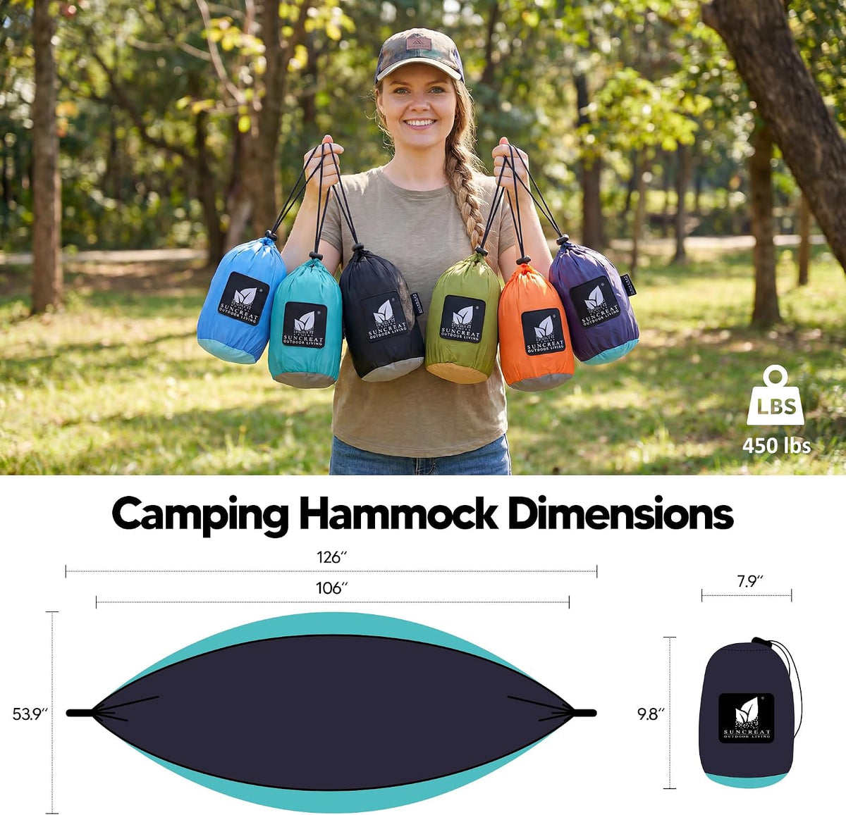 SUNCREAT Camping Hammock, Portable Hammocks with Tree Straps & Carrying Bag, Camping Essentials Gear, Dark Blue