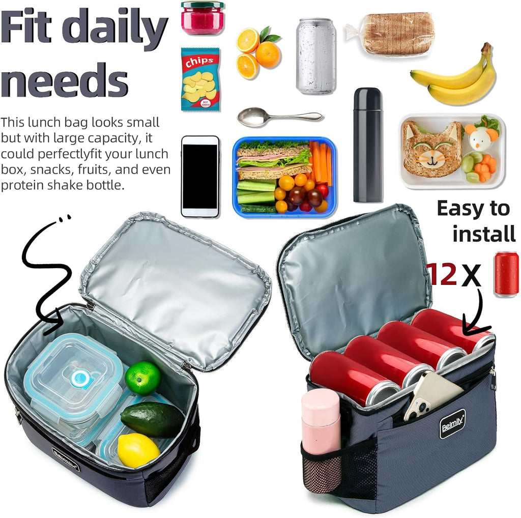 BEIMILY Lunch Box for Men/Women,Small Insulated Lunch Bag,Reusable LunchBox for work Picnic Hiking Beach,Leakproof Soft Cooler Tote Bag Organizer with Adjustable Shoulder Strap for Adults(Gray)