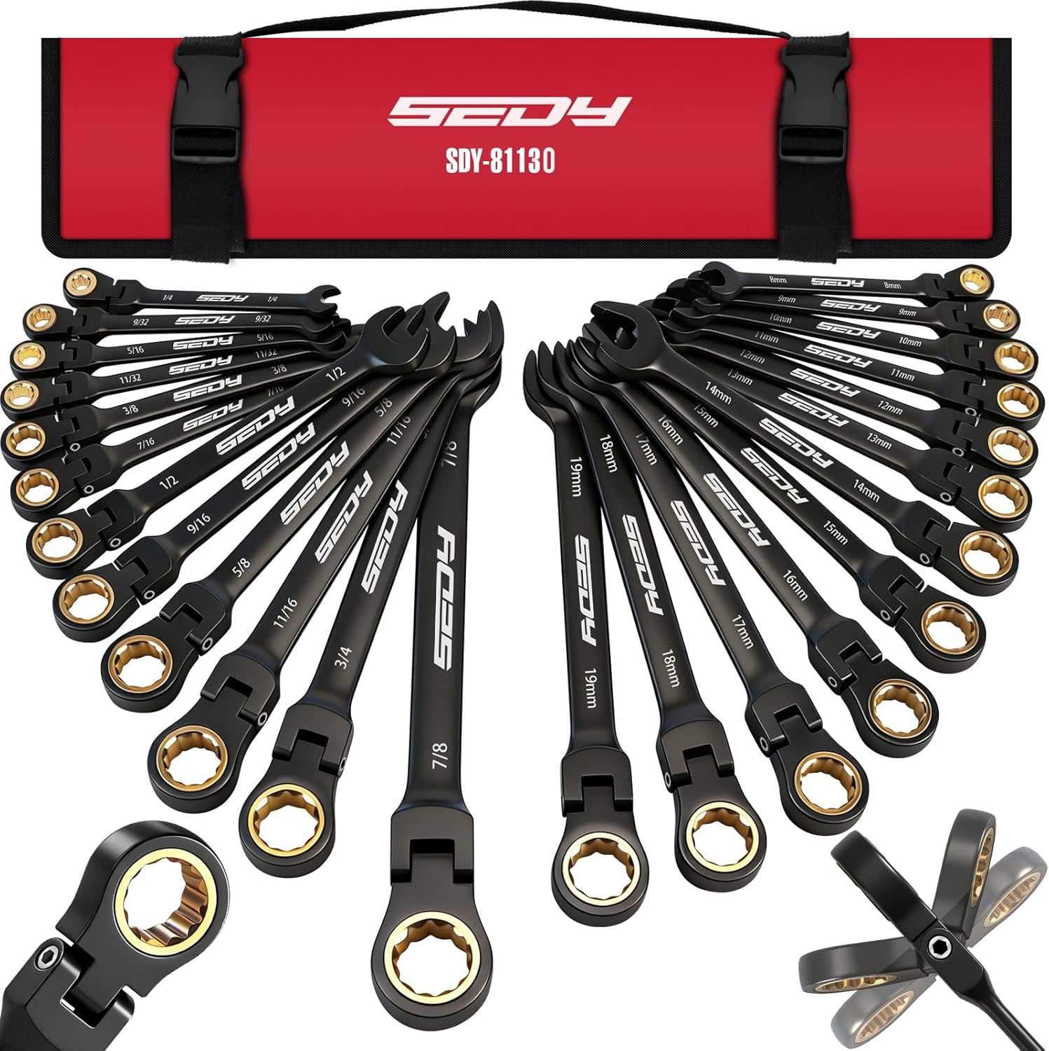 Premium 24-Piece Ratcheting Wrench Set, SAE(1/4-7/8") & Metric(8–19mm) Combination Wrenches, 72-Tooth CR-V Steel with Durable Black Finish, Ratchet Spanners with Roll-Up Tool Pouch for Repair