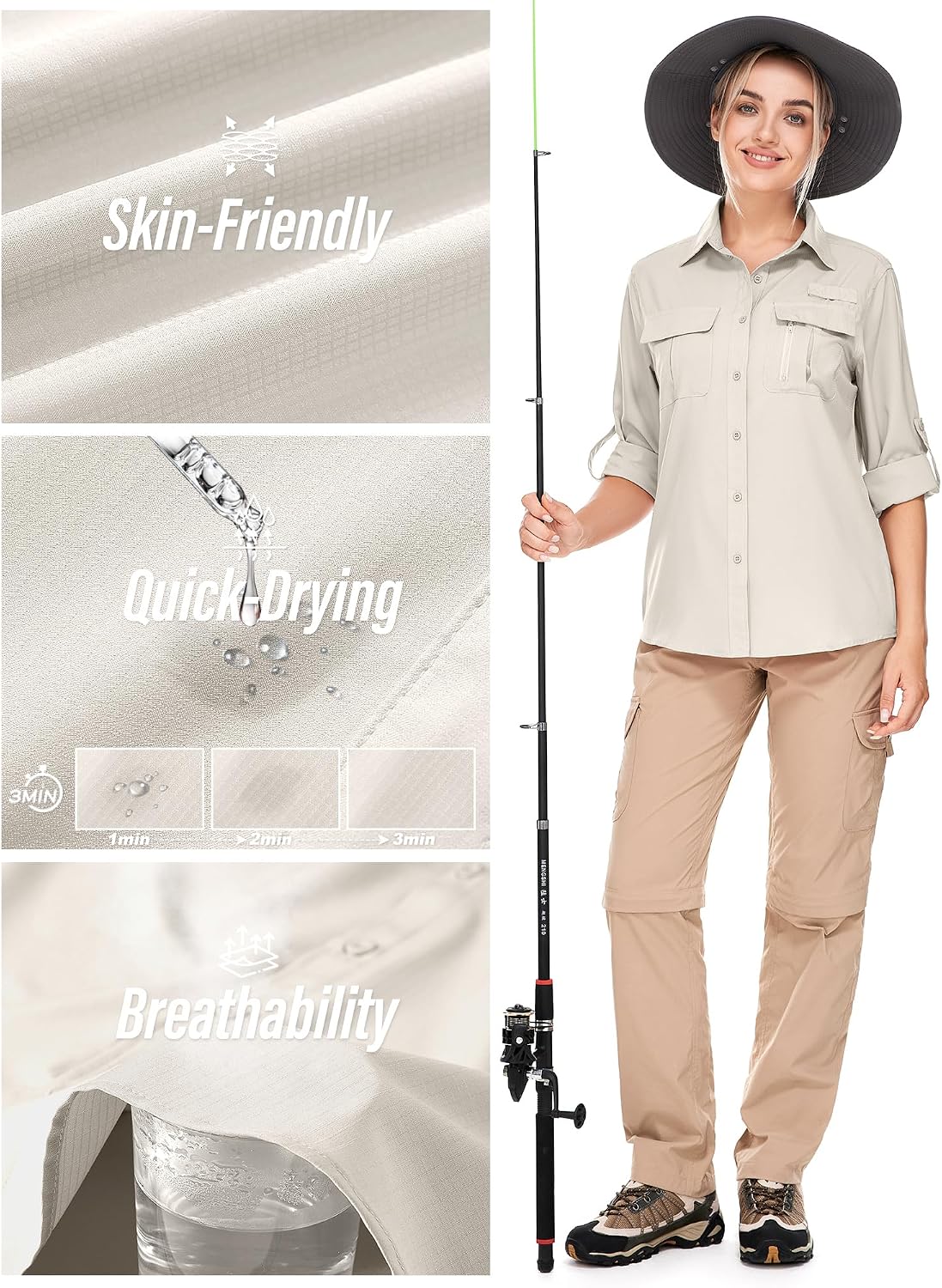 Women's UPF 50 Long Sleeve Sun Protection Safari Fish Hiking Shirts