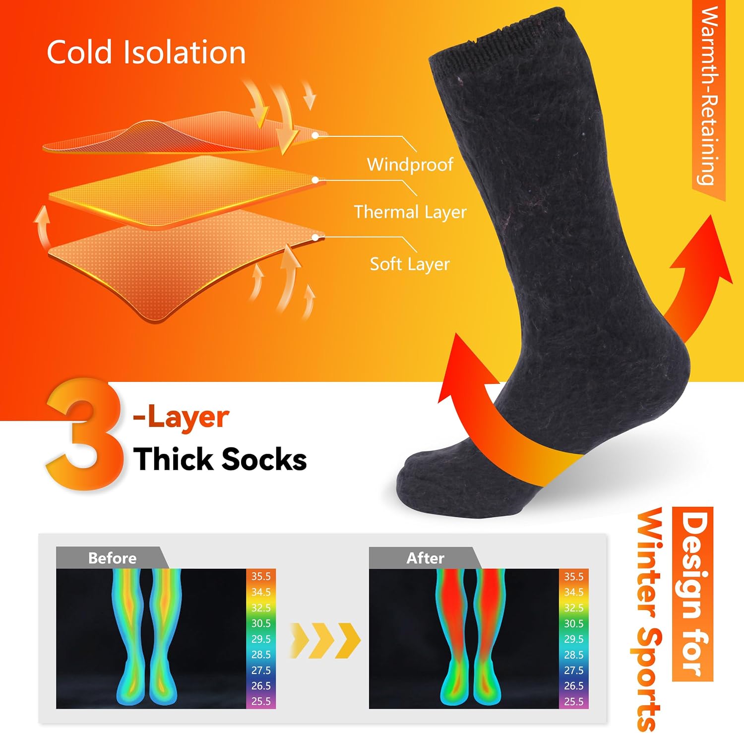 Sunew 4 Pairs Thermal Socks Skiing Snowboarding Hiking Mens Womens 7X Warmer Winter Crew Boot Socks