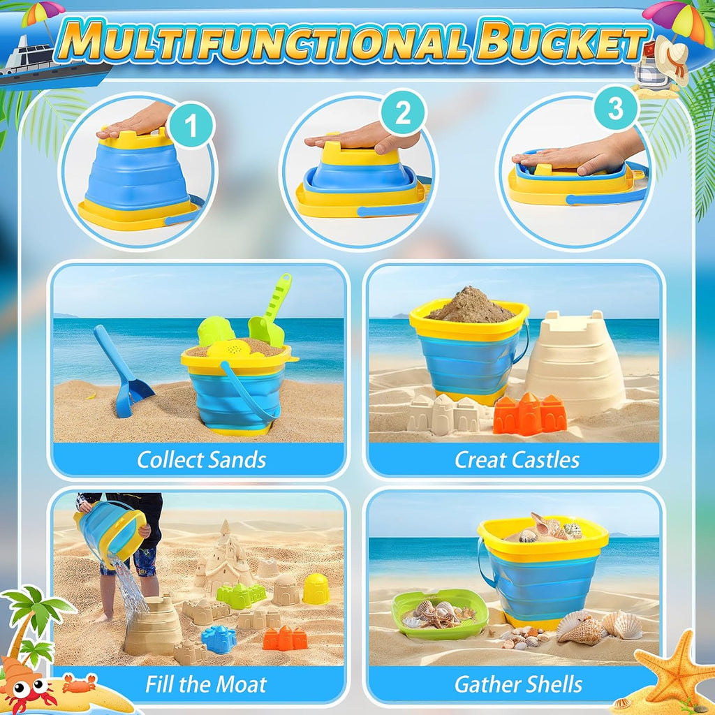 Collapsible Beach Sand Toys for Kids, Sandbox Toys Summer Travel Essentials | Includes Bucket, Sand Shovel, Beach Sifter, Castle Molds, Toddler Beach Toys with Mesh Bag, Outdoor Beach for Kids Girls