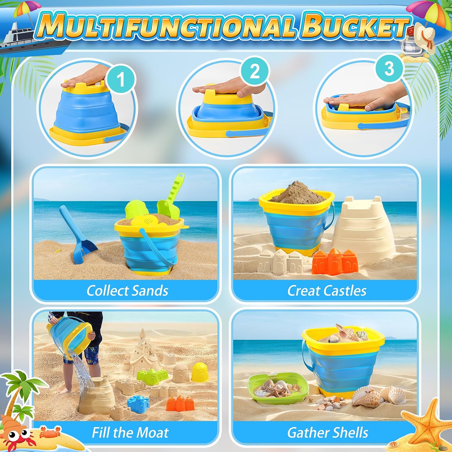 Collapsible Beach Sand Toys for Kids, Sandbox Toys Summer Travel Essentials | Includes Bucket, Sand Shovel, Beach Sifter, Castle Molds, Toddler Beach Toys with Mesh Bag, Outdoor Beach for Kids Girls