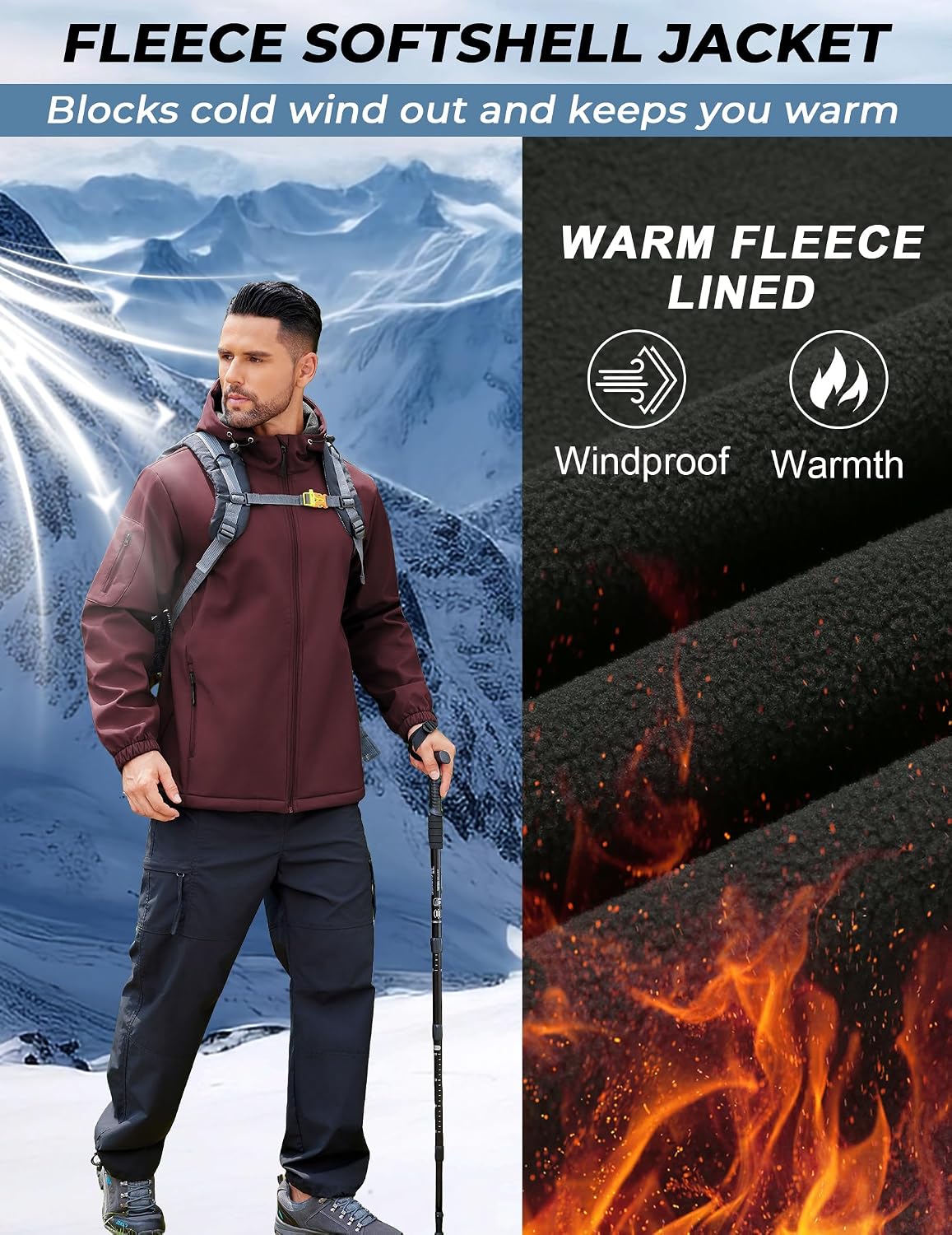 COOFANDY Men's Hooded Softshell Jacket Waterproof Fleece Lined Windbreaker Lightweight Outdoor Hiking Jacket