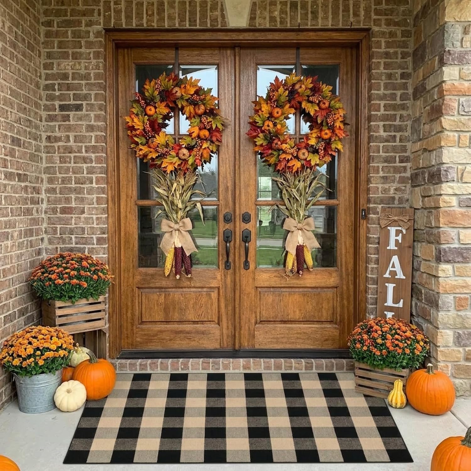 MUBIN Fall Decor Cotton Buffalo Plaid Rug, 3' x 5' Coffee Black Outdoor Rug Front Door Decorative Mat, Washable Doormat Hand-Woven Foldable Area Rug Layered Door Mats Rug for Front Porch, Entryway